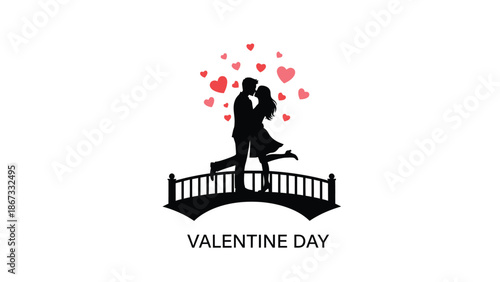 Loving couple kissing bridge surrounded by hearts valentine day graphic with love and romance and illustration with valentine s day Silhouette vector on whit Background