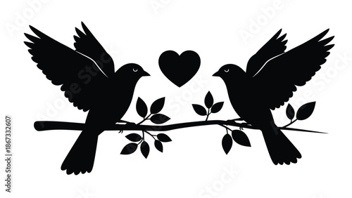 Two black birds a branch with leaves and heart symbol white white with love and romance and illustration with graphic and clipart Silhouette vector on whit Background