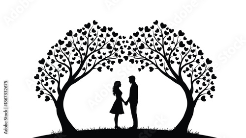 of a romantic couple holding hands under heart shaped tree branches white with love and valentine and relationship with romance Silhouette vector on whit Background