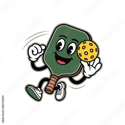 Cartoon pickleball paddle character holding a pickleball.