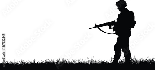 Soldier silhouette holding rifle on battlefield grass, isolated on white background, military combat security defense vector illustration concept