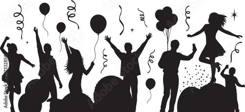 Silhouette of people celebrating with balloons and confetti