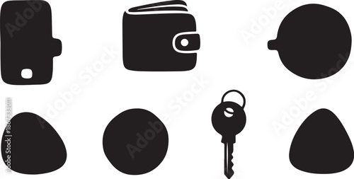 Black icons of personal items on white background