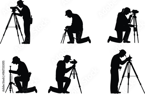 Surveyor silhouettes using tripod equipment isolated on white background construction engineering measurement professionals at work vector illustration set design collection