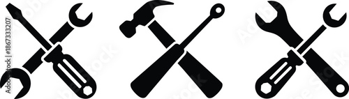 Tool icons silhouettes set isolated on white background wrench screwdriver hammer symbols for repair maintenance construction vector illustration design