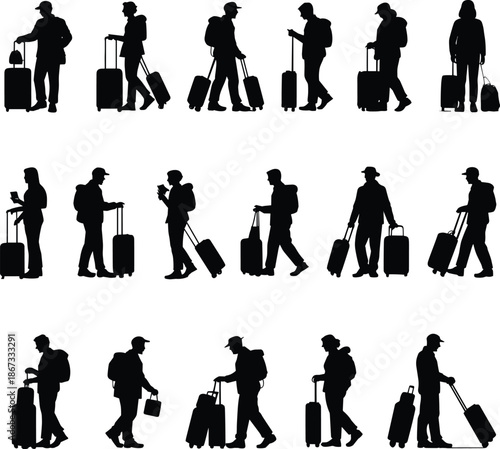Traveler silhouette icon set with luggage showing people walking isolated on white background vector illustration for tourism travel concept design