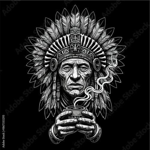Native American Chief in War Bonnet Holding Smoking Ritual Bowl