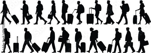 Travelers walking silhouettes with luggage, business tourists airport journey concept, men women passengers black white vector isolated background illustration collection
