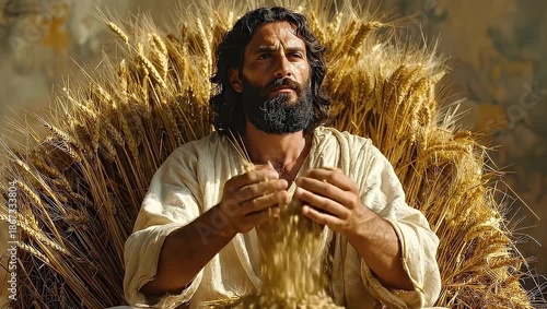A bearded man sits amidst golden wheat, embodying serenity and abundance