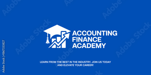 White graduation cap and upward arrow on blue background with accounting finance academy text