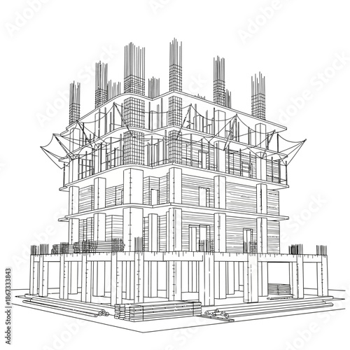 architectural blueprint of pagoda under construction.