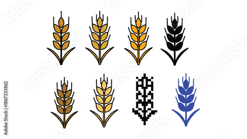 Collection of stylized wheat ears in various colors and designs