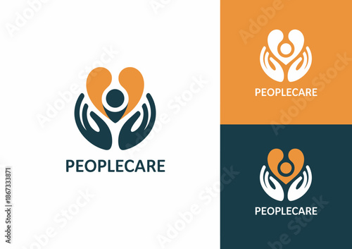 With three primary color variations of a heart and hands symbol orange blue