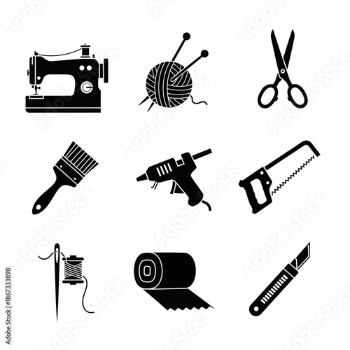 Sewing and Textile Equipment Icon Set for Fashion Design and Garment Production