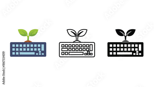 Green technology concept with a plant growing from a computer keyboard, symbolizing eco-friendly innovation.