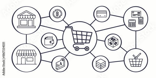 Conceptual network of shopping cart connected to various e-commerce and payment icons, illustrating online business processes