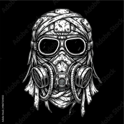 Post Apocalyptic Survivor Gas Mask Head Portrait Illustration