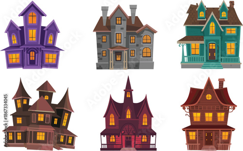 Set of six spooky haunted houses and gothic mansions with glowing windows isolated on white background, flat vector Halloween illustration.
