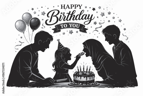 Family Celebrating Child Birthday with Cake Vector Silhouette