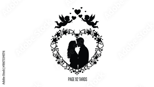 Fotografi Black illustration of a couple kissing surrounded by heart shapes and cherubs wh