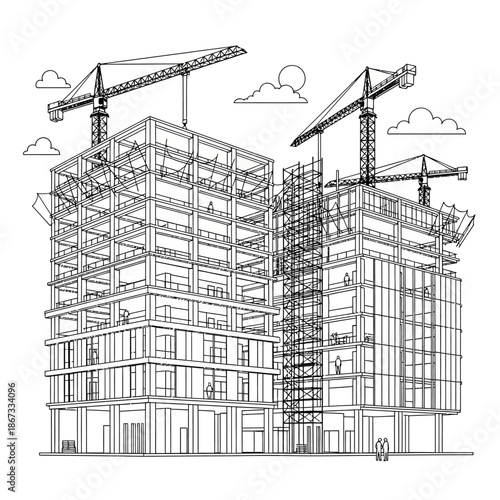 Building under construction with cranes and scaffolding.
