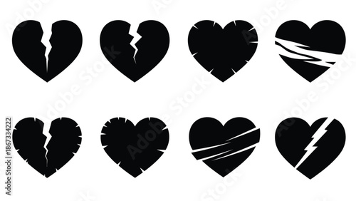 Set of black broken hearts with cracks and lightning bolts white white with heartbreak and symbol and icon Silhouette vector on whit Background