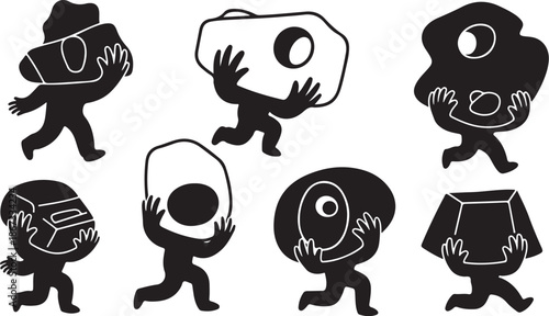 Cartoon characters with creative boxes on their faces