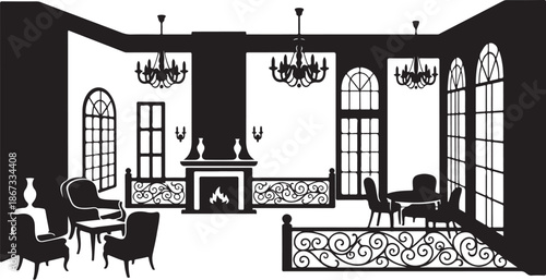 Elegant black and white interior design illustration