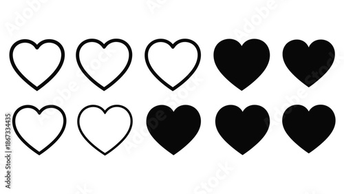 Black and white heart shapes in various styles a plain with love and symbol and icon and graphic and illustration Silhouette vector on whit Background