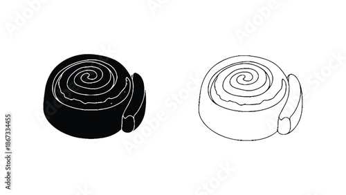 Simple black and white graphic illustration of a cinnamon roll with icing