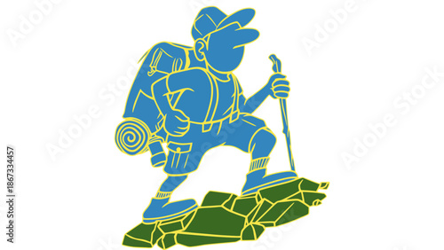 Adventurous hiker with backpack and trekking pole climbing rocky terrain on a sunny day