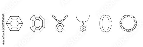 Jewelry ornament icon set, hexagon emerald, round diamond, star pendant, cuff bracelet, pearl bangle outline illustration.