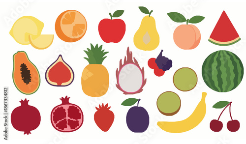 Hand drawn cartoon fruit vector set with sliced citrus tropical fruits and berries