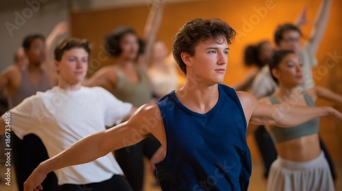 Wallpaper Mural A dance instructor energetically guiding a diverse group of students through choreography in a lively studio, capturing the joy and dedication of everyone as they learn and move together. cinematic Torontodigital.ca