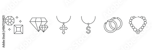 Jewelry ornament icon set, sparkling gems, big diamond, cross necklace, money pendant, hoop earrings, beaded bracelet outline illustration.