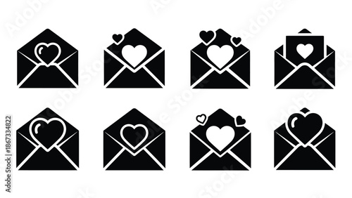 Eight black and white icons of envelopes with hearts them for love letter and romantic communication concepts Silhouette vector on whit Background