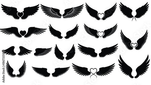 Collection of black angel wings with hearts white for design and decoration purposes with illustration and graphic Silhouette vector on whit Background