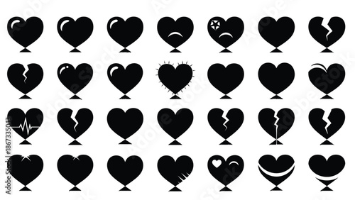 Collection of black hearts with various emotions white with love and symbol and icon and graphic and illustration Silhouette vector on whit Background