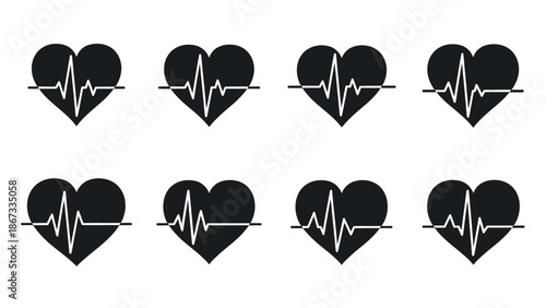 Eight black heart icons with ecg line white white with medical and health and illustration and graphic and electrocardiogram Silhouette vector on whit Background