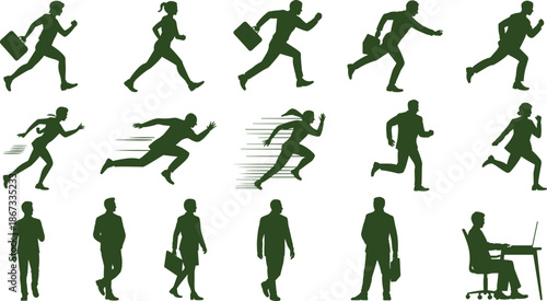 Green silhouettes of business people walking, running, and working at a desk, illustrating urgency, productivity, and professional activity in motion.
