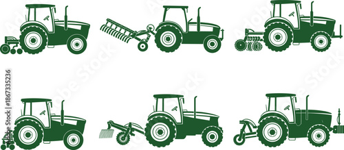 Green tractor agriculture vector illustration set showing farm machinery equipment silhouettes isolated on white background for farming, rural, and agricultural design projects