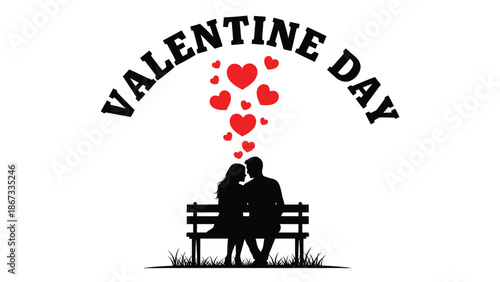 Romantic valentine's day couple sitting bench with hearts white with Valentine s Day and love and illustration Silhouette vector on whit Background