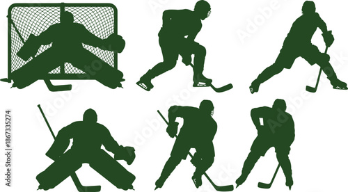 Green silhouettes of ice hockey players in dynamic action poses including goalie defense, skating, shooting, and puck handling for sports illustration.