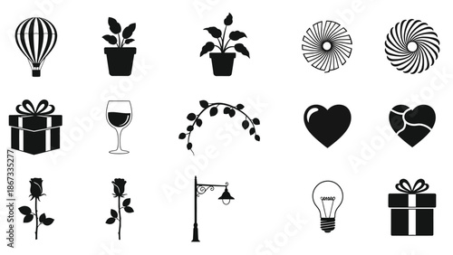 Black icons of romantic and celebratory symbols including gifts plants hearts and lightbulbs white with illustration Silhouette vector on whit Background