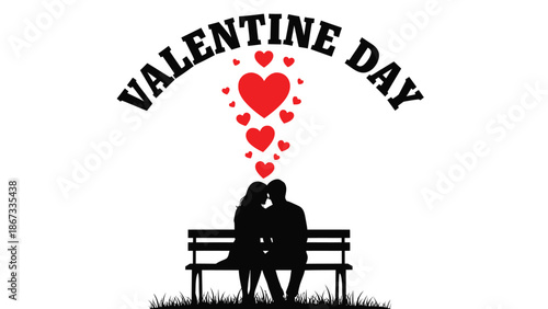 Valentine day couple sitting bench with hearts above white with love and romance and relationship and illustration Silhouette vector on whit Background