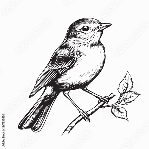 European robin Perched on a Branch in Spring nature Image Vector on White Background