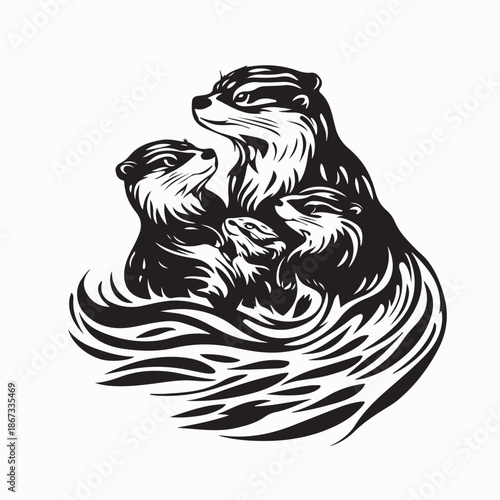 Family of Otters Black and white Vector Illustration on White Background