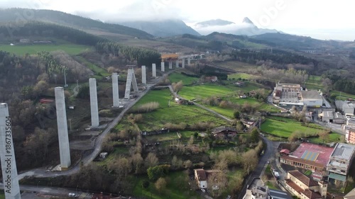 aerial view of the construction of a bridge for high speed train TAV in the Basque Country 