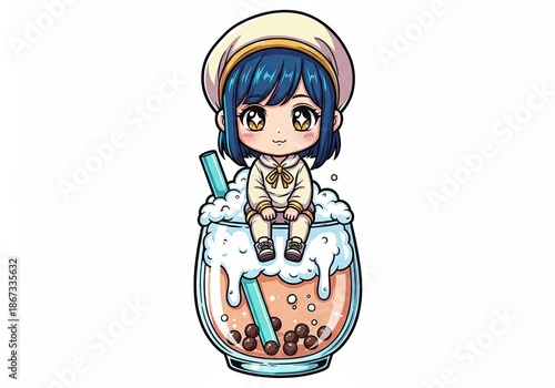 Kawaii Chibi Girl with Blue Hair Sitting on Giant Bubble Tea Glass, Cute Anime Character Illustration for Milk Tea Lovers and Sticker Design, Isolated on White Background