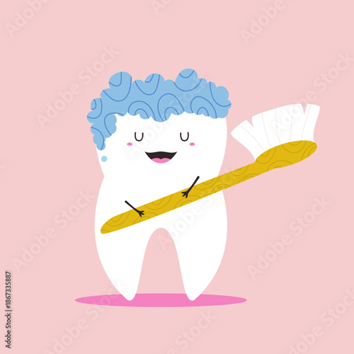 Happy Tooth Character with Toothbrush and Blue Foam to Illustrate Proper Dental Cleaning Routine